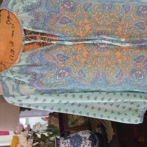 Ann Taylor Aqua and Lavender Paisley Print Boho Sheer Peasant Blouse